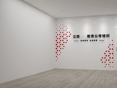 Jiangxi Education Public Exam Training Front Desk Reception With Red Triangle Decor White Wall And Wooden Floor 3d model