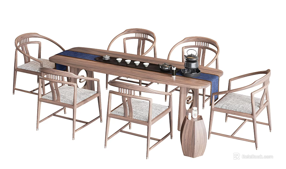 Chinese Traditional Style Long Wooden Tea Table with Six Backrest Chairs and Teapot Teacups 3d model 