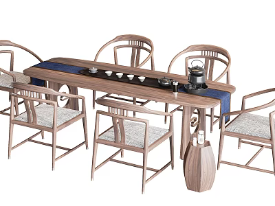 Chinese Traditional Style Long Wooden Tea Table with Six Backrest Chairs and Teapot Teacups 3d model