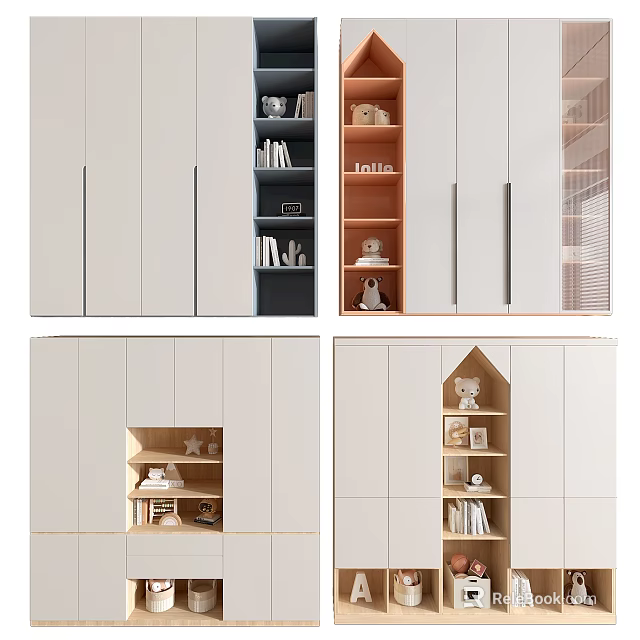 Modern Minimalist Wardrobe Interior With Open Wooden Shelves And Decorative Storage Compartments 3d model 