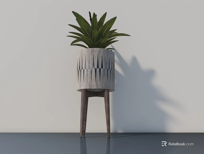 Decorative Indoor Potted Plant with Striped Pot on Wooden Three Leg Stand 3d model 