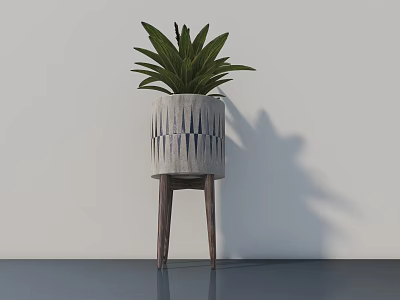 Decorative Indoor Potted Plant with Striped Pot on Wooden Three Leg Stand 3d model