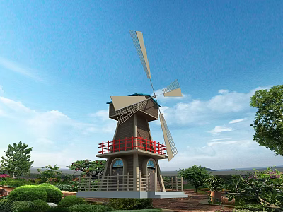 Architectural Components of Windmill Featuring Wooden Structure Red Railings Blades Green Plants and Blue Sky 3d model