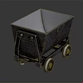 Rustic Metal Cart With Square Bucket And Wheels On Dark Reflective Surface