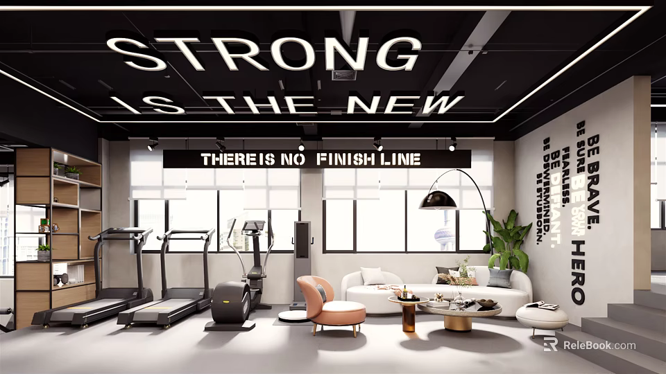 Modern Fitness Gym Interior With Treadmills Exercise Equipment And Motivational Quotes 3d model 