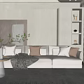 Modern Living Room Interior With White Sofa Brown Pillows Throw Blanket And Decorative Shelves