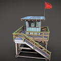 Wooden Watchtower With Red Flag Open Platform Wooden Staircase And Yellow Railing