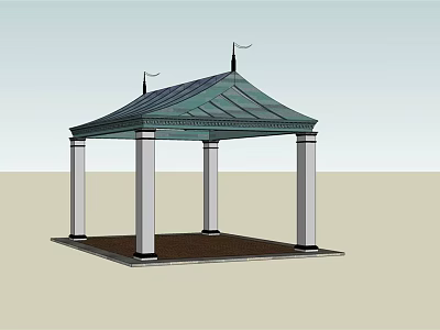Classic Gazebo With Green Sloped Roof White Pillars And Brown Flooring 3d model