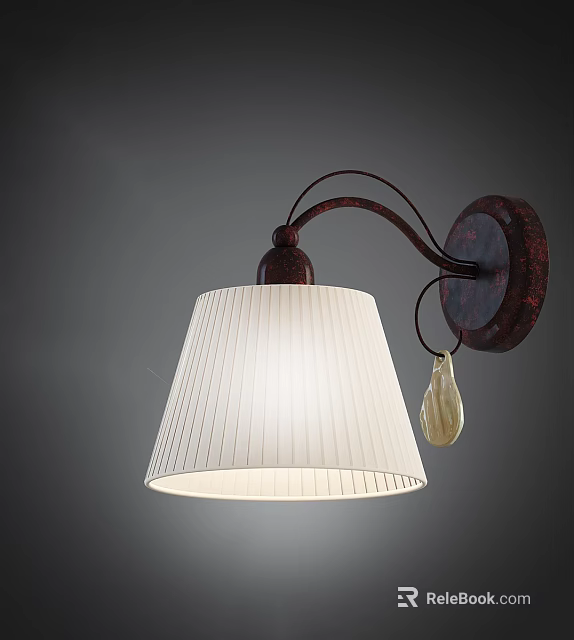 Vintage Style Wall Lamp With White Pleated Lampshade Brown Arm And Decorative Pendant 3d model 