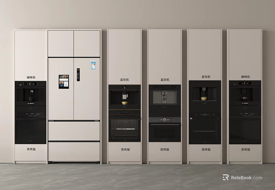 Modern Built in Kitchen Appliances With Refrigerator Steam Oven And Multiple Arranged Side by Side 3d model 