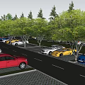 Eco Friendly Parking Lot With Lush Trees Colored Cars And Green Parking Spaces