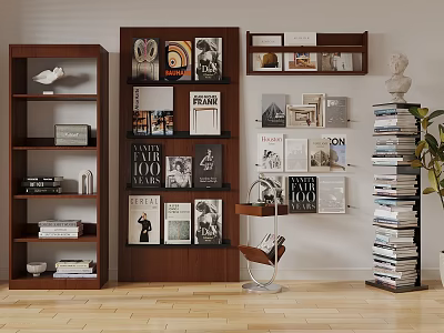 Sleek Wooden Bookcase With Books Decorative Prints Photo Frames Sculpture And Plant 3d model