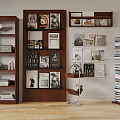 Sleek Wooden Bookcase With Books Decorative Prints Photo Frames Sculpture And Plant