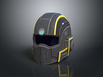 Futuristic Combat Weapon Helmet With Black Yellow Design And Blue Indicator Light 3d model