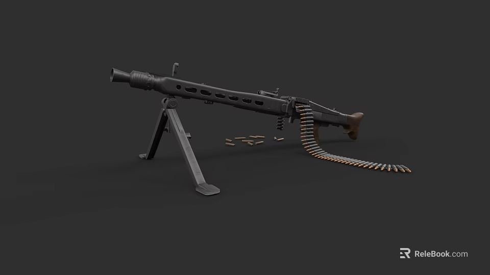 Detailed Military Machine Gun Weapon With Tripod Stand And Ammunition Belt Setup 3d model 