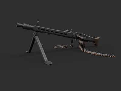 Detailed Military Machine Gun Weapon With Tripod Stand And Ammunition Belt Setup 3d model