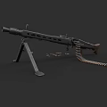 Detailed Military Machine Gun Weapon With Tripod Stand And Ammunition Belt Setup