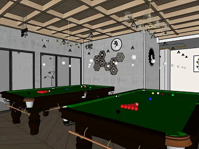 Spacious Billiard Room Interior With Green Felt Tables Wooden Ceiling And Wall Art 3d model
