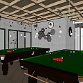 Spacious Billiard Room Interior With Green Felt Tables Wooden Ceiling And Wall Art