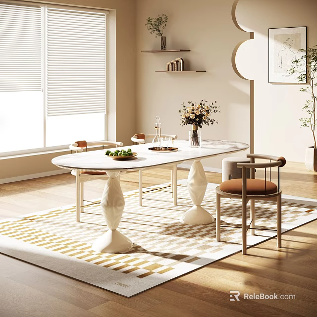 Modern Dining Table Set With Chairs Rug Decorations And Plants In Bright Room 3d model 