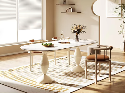 Modern Dining Table Set With Chairs Rug Decorations And Plants In Bright Room 3d model