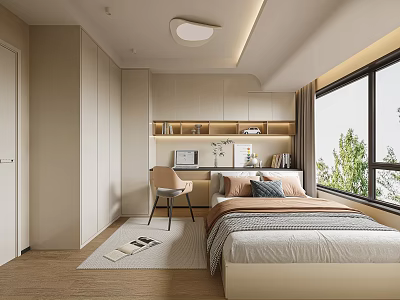 Modern Tatami Bedroom Interior Design With Tatami Bed Storage Cabinets Desk Chair And Natural Light 3d model