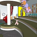 Colorful Kindergarten Interior With Red Slide Bookshelves Tables And Balloon Decorations