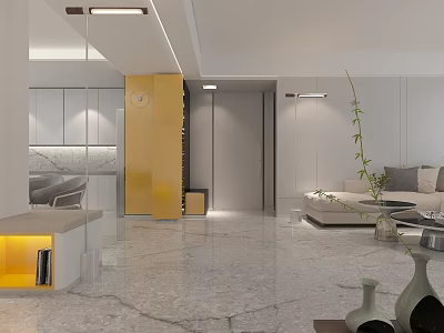 Modern Bright Minimalist Living Room With Polished Marble Floor Comfortable Sofa And Warm Ambient Lighting 3d model