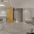 Modern Bright Minimalist Living Room With Polished Marble Floor Comfortable Sofa And Warm Ambient Lighting