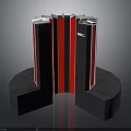 Modern Building Design With Black And Red Vertical Structures White Top And Black Curved Base