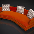 Modern Orange Curved Sectional Sofa With Geometric Patterned Pillows And Black Legs 3d model