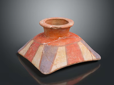 Ancient Ceramic Vessel With Red White Purple Stripes Square Base And Round Opening 3d model