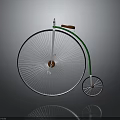 Vintage Bicycle With Large Front Wheel Small Rear Wheel Green Frame And Brown Seat