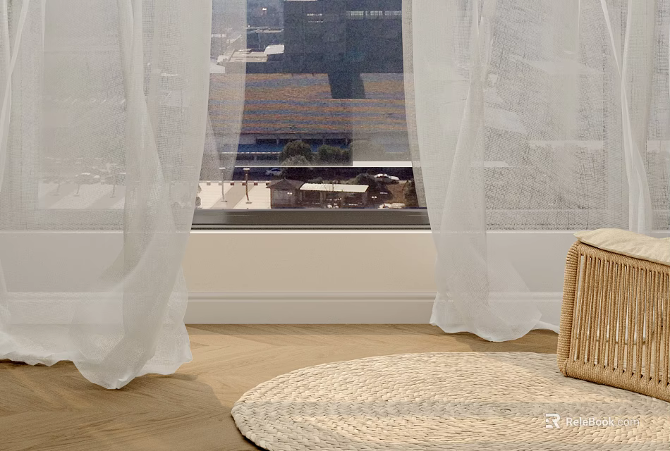 White Sheer Curtains For Window With City View Wooden Floor And Woven Rug 3d model 