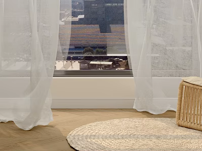 White Sheer Curtains For Window With City View Wooden Floor And Woven Rug 3d model