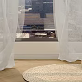 White Sheer Curtains For Window With City View Wooden Floor And Woven Rug