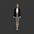 A Woman In Black Blazer White Shirt Gray Skirt Black High Heels Against Gray Background