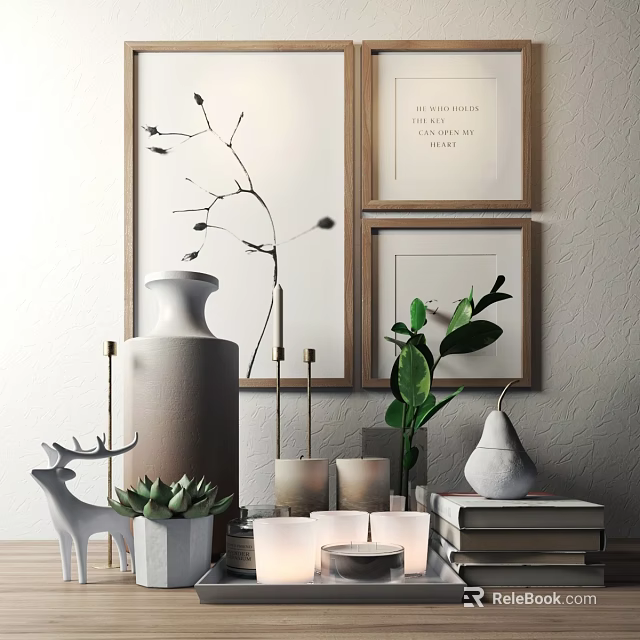 Modern Decorative Ornament Set with Vase Green Plants Framed Art Candles Deer Figurine and Books 3d model 