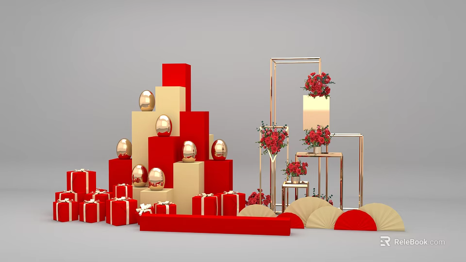 Elegant Wedding Decoration Setup With Red Gold Blocks Spheres Gift Boxes And Fans 3d model 