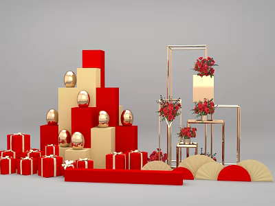 Elegant Wedding Decoration Setup With Red Gold Blocks Spheres Gift Boxes And Fans 3d model