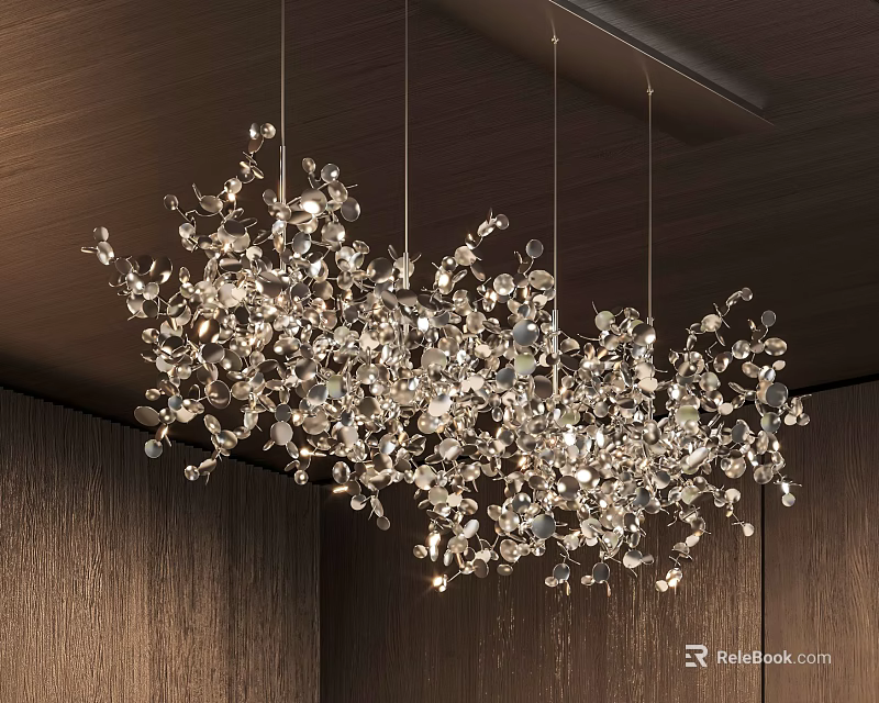 Luxury Modern Crystal Branch Chandelier Decorative Hanging in Wooden Ceiling Interior 3d model 