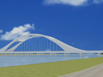 Modern White Arch Bridge Over Water Surface With Blue Sky And Grass 3d model