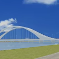 Modern White Arch Bridge Over Water Surface With Blue Sky And Grass 3d model