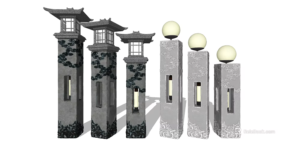 Traditional And Modern Outdoor Pillar Lights Featuring Stone Construction Decorative Patterns And Ball Shaped Tops 3d model 