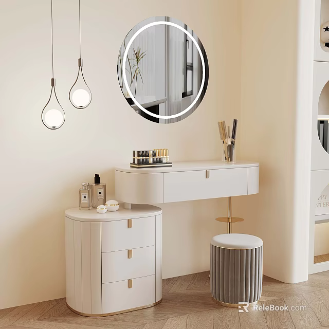 White Vanity Setup With Round Mirror Pendant Lights And Skincare Products 3d model 