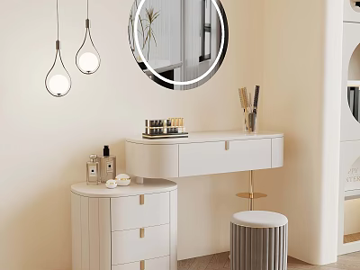 White Vanity Setup With Round Mirror Pendant Lights And Skincare Products 3d model