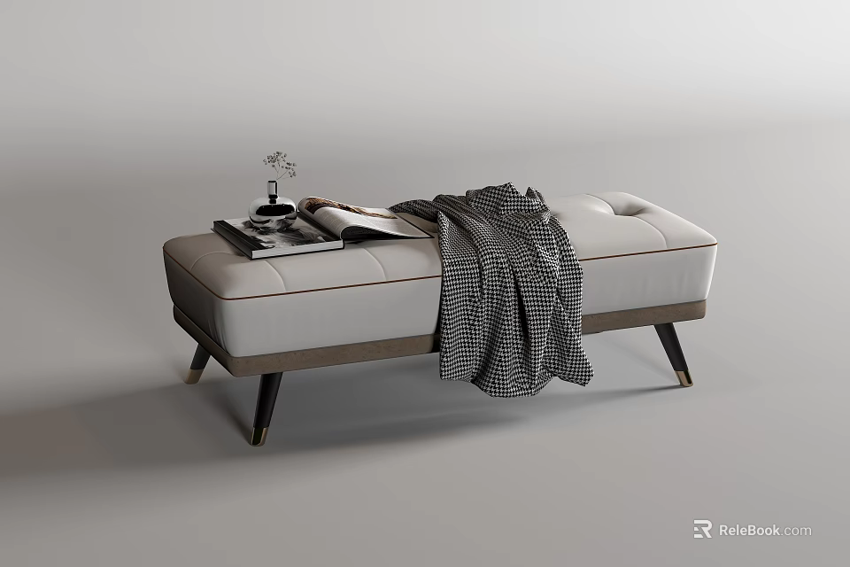 Upholstered White Bench With Black Wooden Legs Tufted Design And Checkered Throw Blanket 3d model 