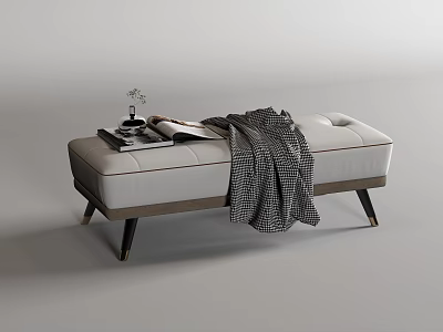 Upholstered White Bench With Black Wooden Legs Tufted Design And Checkered Throw Blanket 3d model