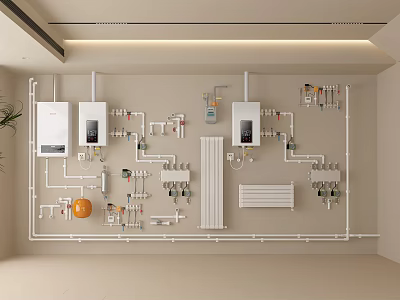 Modern Kitchen Appliances System With Plumbing Pipes Control Panels And Radiator 3d model
