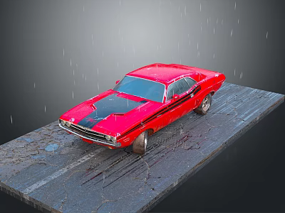 Shiny Red Classic Muscle Car With Black Stripe On Wet Muddy Platform In Rain 3d model